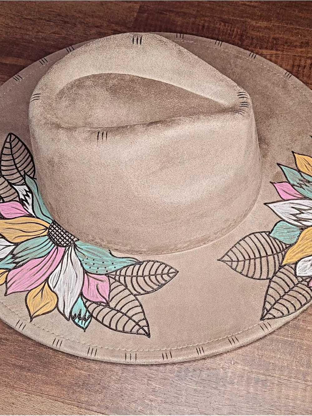 Burnt Magnolia Hat Company Hand-Painted Beige Faux Suede Wide-Brim Hat